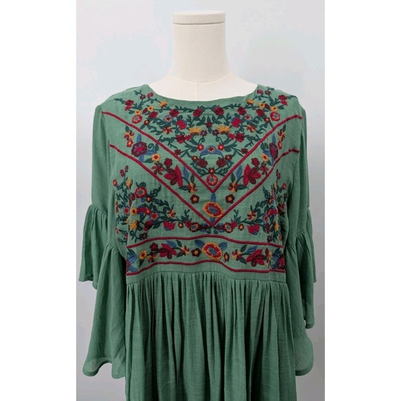 Umgee Dresses & Skirts - Umgee Green Embroidered Tunic Dress Flutter Sleeve Size L Boho Hippie Festival